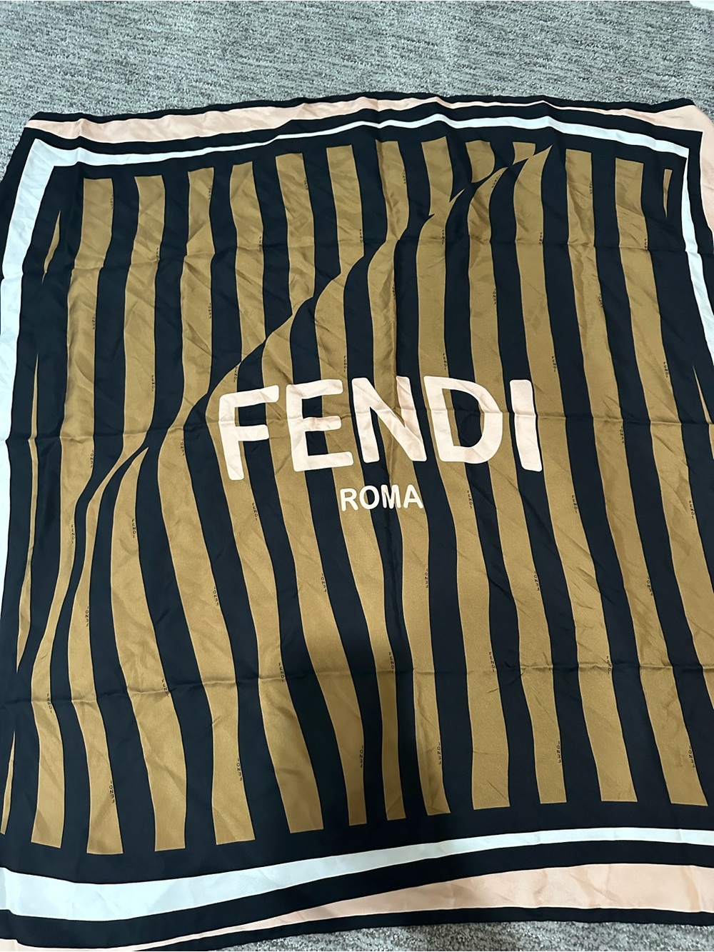Fendi Striped Silk Scarf in Black, Tan & Cream